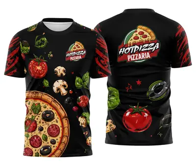 Camisa Uniforme Pizzaria Preta com Tomate Manjericão e Cogumelo