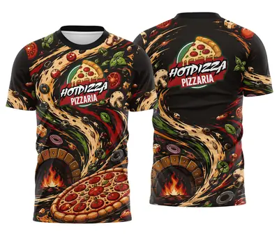 Camiseta Delivery Pizza Preta com Redemoinho de Ingredientes