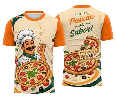 Camiseta Pizzaria Chef Cartoon Feita com Paixão Laranja