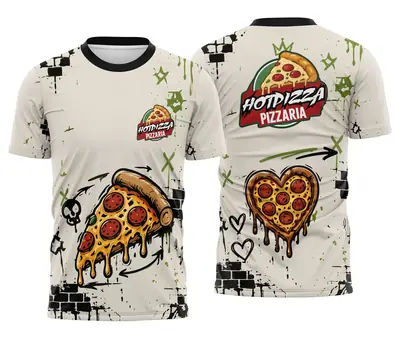 Camiseta Pizzaria Creme com Grafite Verde e Pizza Coração