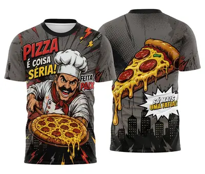 Camiseta Uniforme Pizzaria Cinza e Vermelha Pizza é Coisa Séria