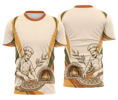 Camiseta Uniforme Pizzaria Creme com Pizzaiolo e Forno de Tijolos