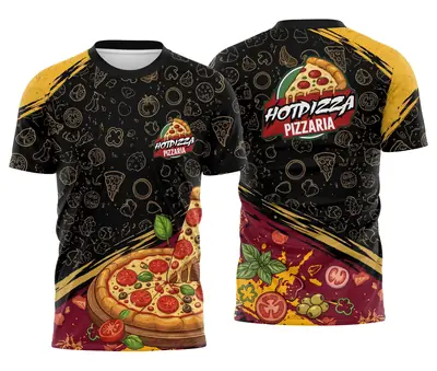 Camisa Estampa Pizzaria Preta com Padrão de Pizzas e Dourado