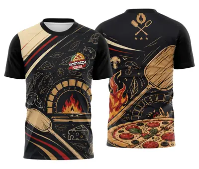 Camisa Estampa Pizzaria Preta e Bege com Forno e Pás Minimalista