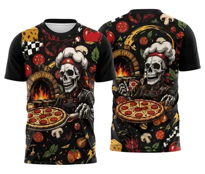 Camisa Uniforme Delivery Pizzaria Caveira Pizzaiolo Wood Fired Preta