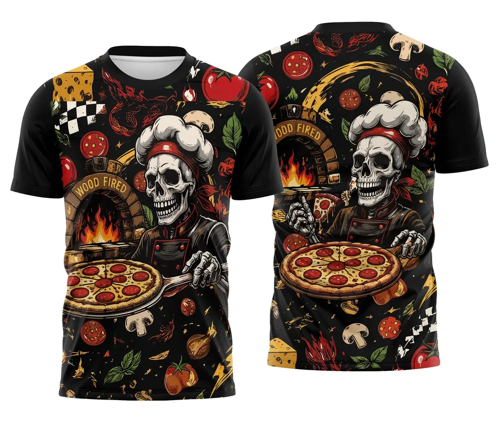 Camisa Uniforme Delivery Pizzaria Caveira Pizzaiolo Wood Fired Preta